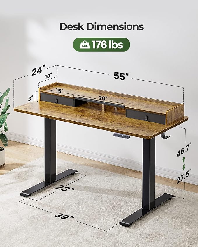 Marsail Electric Standing Desk with Dual Drawers (55 inch, Vintage)