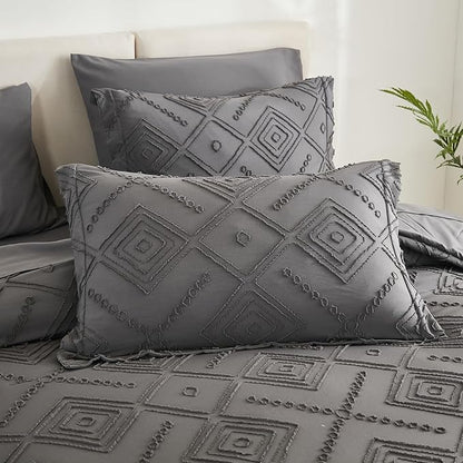 EMME Queen Comforter Set - 7 Pcs Dark Grey Boho Bedding Sets, Full Size Tufted Comforter with Sheets, Shabby Chic Embroidery Queen Bed Set Fluffy Bed Bag for All Season(90"X90")