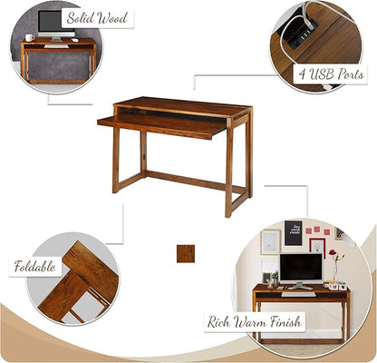 Casual Home Pull-Out & USB Port Folding Desk, Warm Brown (New)