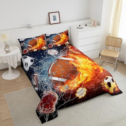 Erosebridal Football Comforter Set King Rugby Sports Bedding Set for Teen Boys Kids,Soccer Basketball Baseball Comforter Red Blue Water Fire Lightning Quilt Duvet Insert Bedroom Decor 2 Pillow Cases