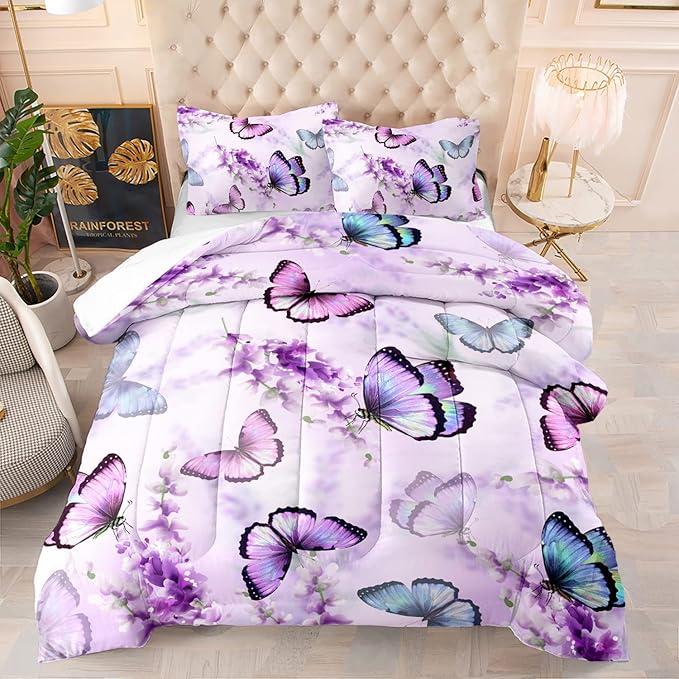 Purple Lavender Butterfly Comforter Set for Girl Kid Adult Colorful Butterfly Pattern Bedding Set Aesthetics Butterflies Quilt Bed Set Twin Size with 1 Comforter and 2 Pillowcases