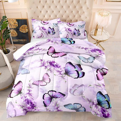 Purple Lavender Butterfly Comforter Set for Girl Kid Adult Colorful Butterfly Pattern Bedding Set Aesthetics Butterflies Quilt Bed Set Queen Size with 1 Comforter and 2 Pillowcases