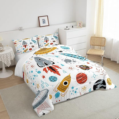 Erosebridal Outer Space Bedding Set Full Size Kids Boys Space Ship Rocket Comforter Set Cartoon Universe Stars Planet Down Comforter Cosmos Meteorite Quilt Duvet Set with 2 Pillow Cases
