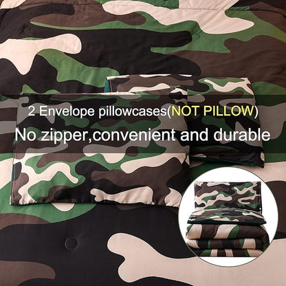 Meeting Story Camouflage Bedding Set, Green Camouflage Comforter Set, 3 PCS One Comforter and Two Pillowases, All Season Soft Bedspread for Teens Adults (Green, Full)
