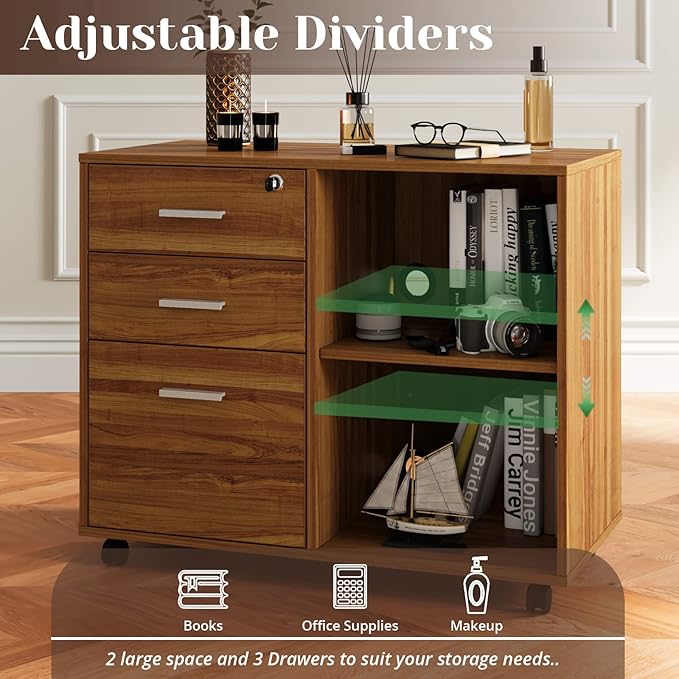 Maxtown Wood Filing Cabinet, Mobile Lateral Filing Cabinet with Lock, 3 Drawer Filing Cabinet with Open Storage Shelves, Printer Stand for Home Office, Teak