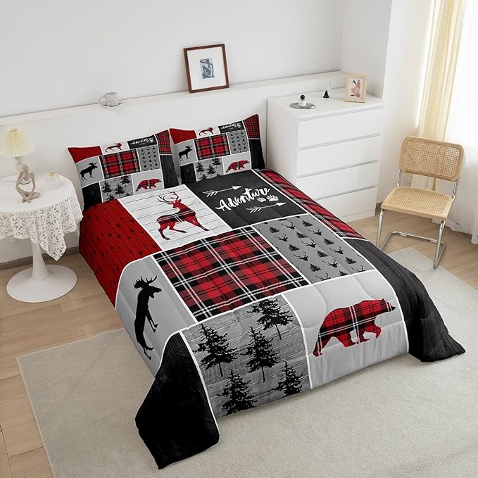 Deer Antlers Bear Kids Comforter Set Twin Size,Plaids Boho Arrows Patchwork Bedding Set for Boys Girls Adults Room Decor,Rustic Adventure Xmas Down Comforter,Red Retro Duvet Insert,1 Pillowcase