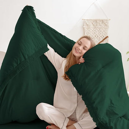 Andency Dark Emerald Green Twin/Twin XL Comforter Set, 2 Pieces Boho Lightweight Forest Tassel Bedding Sets, All Season Soft Bed Set (66x90In Comforter & 1 Pillowcase)