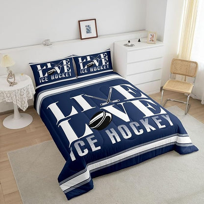 Feelyou Ice Hockey Bedding Set Twin Size Ice Sports Games Comforter Set for Kids Boys Girls Decor Hockey Player Comforter Microfiber Puck Hockey Duvet Set Bedroom Quilt Set