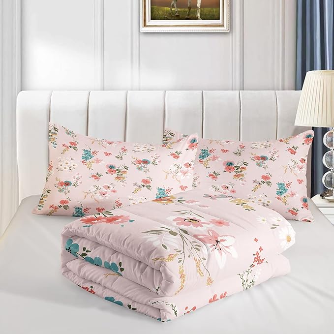 Floral Comforter Full Size,Pink Floral Kids Comforter Set,3Pcs Bedding Set Printed Comforter with 2 Pillowcases,Down Alternative,Soft and Lightweight,for All Seasons