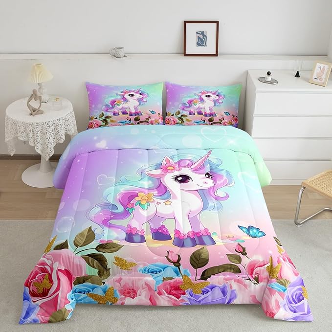 Cartoon Unicorn Kids Comforter Set Twin Size,Rose Flowers Butterfly Leaves Bedding Set,Girls Women Room Decor,Starry Sky Unicorn Cute Down Comforter,Pink Purple Romantic Duvet Insert,1 Pillowcase