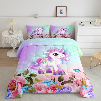 Cartoon Unicorn Kids Comforter Set Queen Size,Rose Flowers Butterfly Leaves Bedding Set,Girls Women Room Decor,Starry Sky Unicorn Cute Down Comforter,Pink Purple Romantic Duvet Insert,2 Pillowcases