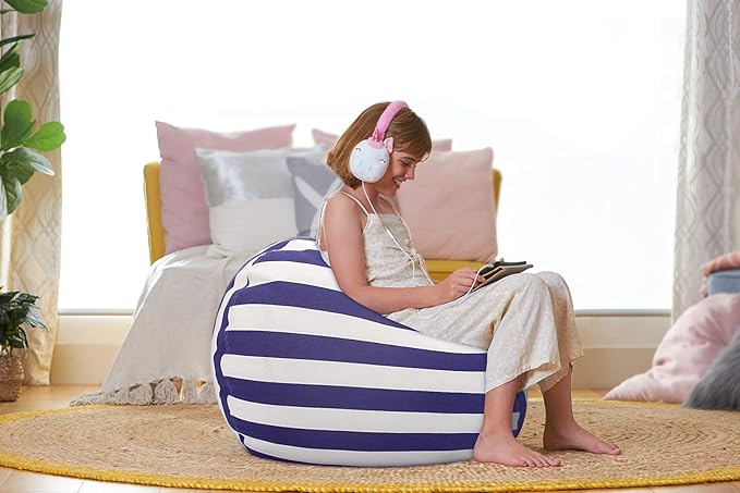 Aubliss Stuffed Animal Bean Bag Storage Chair (Royal Blue/White Striped, Medium (32''))