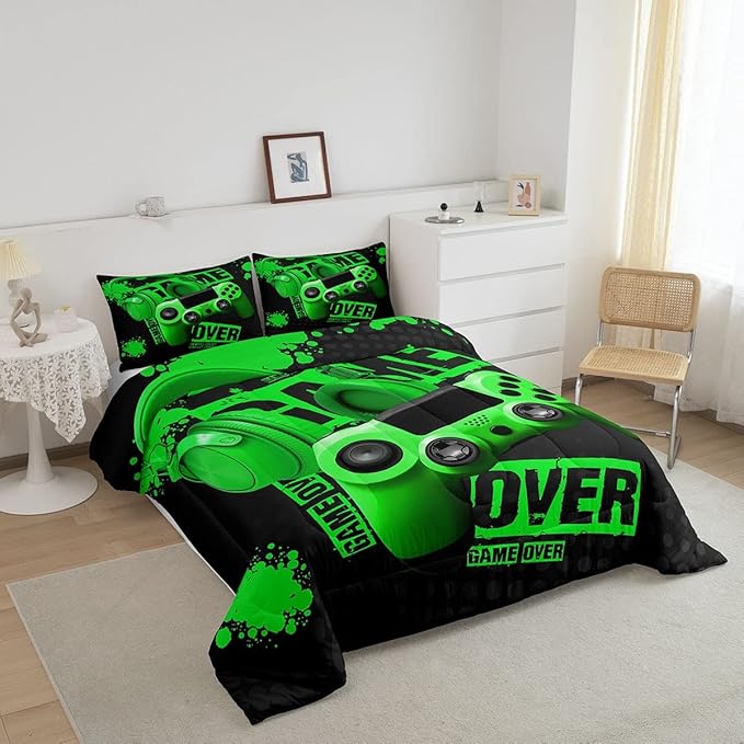 Gamer Comforter Sets for Boys Teens Gaming Comforter Full Size Kids Youth Video Game Comforter Set Green Black Room Decor Headphone Gamepad Bedding Set Reversible Quilt Set for All Season 3Pcs