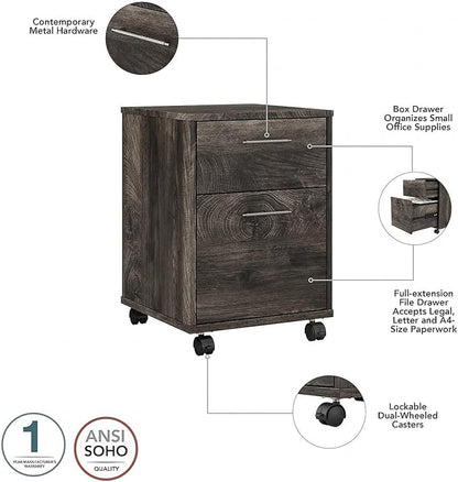 Bush Furniture Key West 60W L Shaped Desk with 2 Drawer Mobile File Cabinet in Dark Gray Hickory