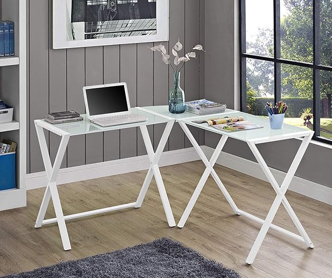 Walker Edison Wright Modern X Leg Glass Top Corner Computer Gaming L Shape Desk Home Office, 51 Inch, White