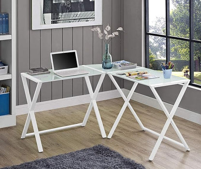 Walker Edison Wright Modern X Leg Glass Top Corner Computer Gaming L Shape Desk Home Office, 51 Inch, White