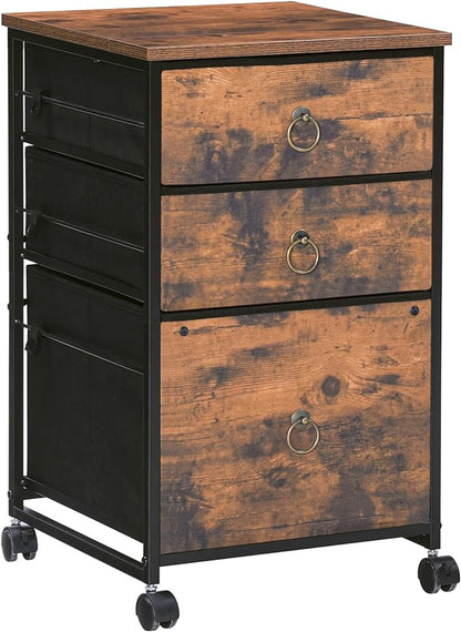 HOOBRO 3-Drawer Mobile File Cabinet, Vertical Filing Cabinet, Office Cabinet, Filing Cabinet for Home Office, Rolling Printer Stand, A4/Letter-Sized, Nonwovens Drawer, Rustic Brown BF30WJ01