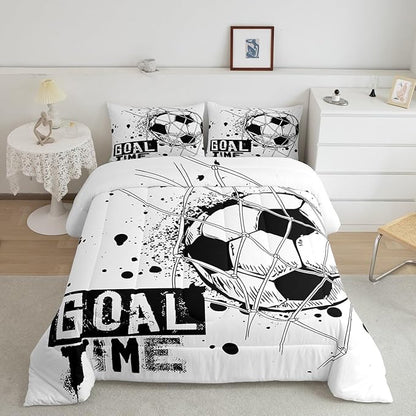 Erosebridal Kids Football Comforter Set Twin Size American Soccer Bedding Set Sports Games Duvet Sets for Boys Girls Children Teens Geometric Polygon Down Comforter for Bedroom, Black White