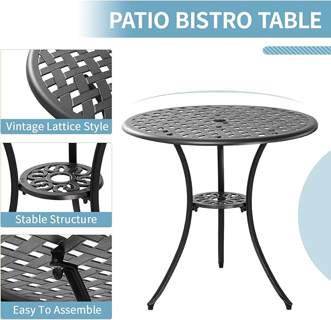 Black Cast Aluminum Bistro Set 3 Piece Outdoor,Small Patio Table and Chairs with Umbrella Hole,Outdoor Bistro Set for Front Porch Set Woven Patio Set for Garden,Yard(Black)