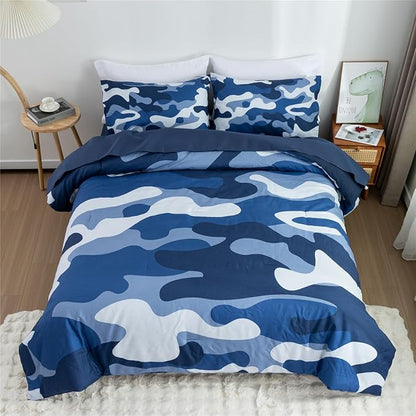 Meeting Story Camouflage Bedding Set, Colorful Pattern Style Comforter Set, 5 PCS One Comforter Two Pillowcases Two Sheets in One Bag, All Season Bedspread for Teens Adults (Navy,Queen 5Pcs)