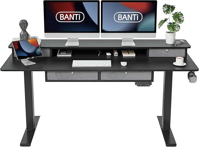 BANTI Height Adjustable Electric Standing Desk with 4 Drawers, 63 x 24 Inch Table with Storage Shelf, Sit Stand Desk, Black Top