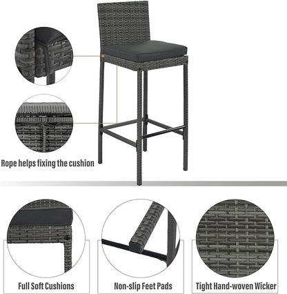 Outdoor Dining Set for 4, Rattan Patio Table with Acacia TableTop, Bar-Height Chairs, Fixed Rope, Removable Cushion, Garden Furniture, Onesize, Brown Wood+Gray Wicker