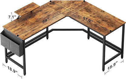 DlandHome Reversible L-Shaped Desk Large Corner Desk Folding Table Computer Desk Home Office Table Computer Workstation, Retro