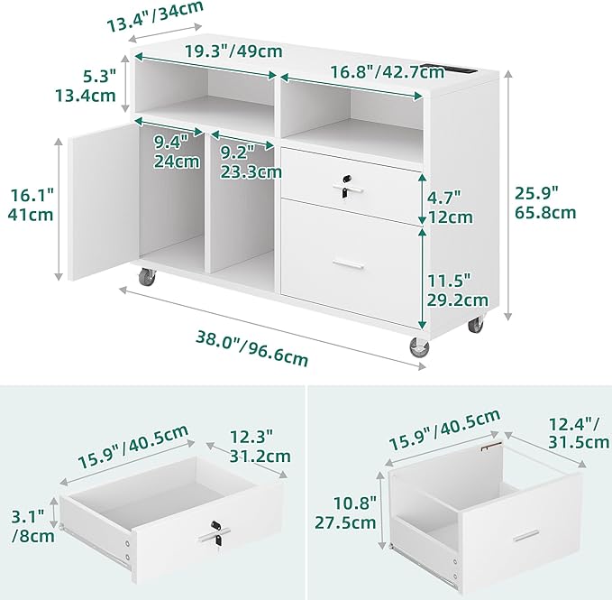 DWVO 2 Drawer File Cabinet with Charging Station, Mobile Filing Cabinet with Lock, White