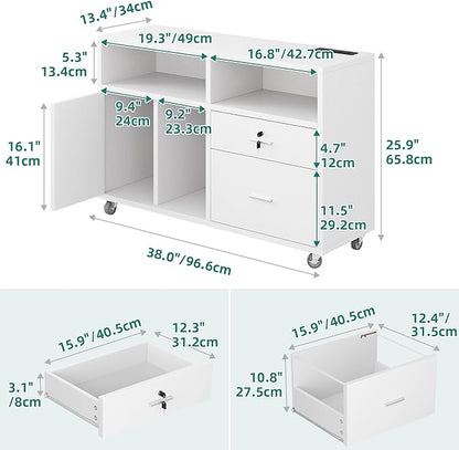 DWVO 2 Drawer File Cabinet with Charging Station, Mobile Filing Cabinet with Lock, White