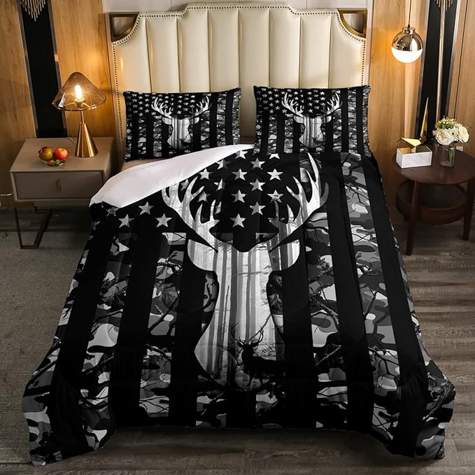 Camo American Flag Comforter Set Full,Deer Antlers Silhouette Bedding Set,Black Grey Camouflage Quilt Set 3 Pcs for Kids Teens Adults Room Decor, Wild Animal Natural Duvet Insert with 2 Pillowcases