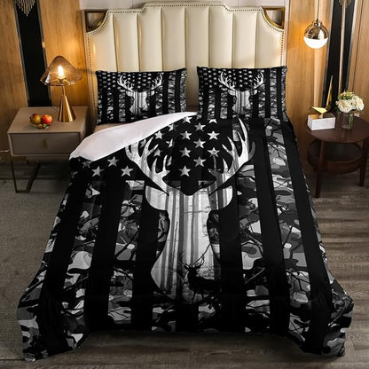 Black Grey Camo Comforter Set Queen,Camouflage American Flag Bedding Set, Deer Antlers Silhouette Quilt Set 3 Pcs for Kids Teens Adults Room Decor,Wild Animal Natural Duvet Insert with 2 Pillowcases