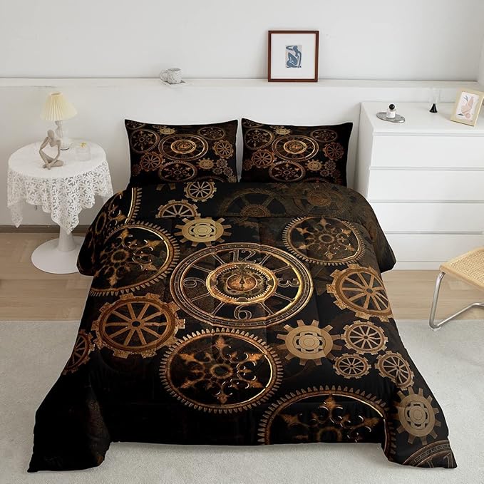 Golden Ndustrial Gear Comforter Set King Size Steampunk Style Bedding Set Clocks Theme Bedding Sets & Collections for Kids Boys Teens Men Mechanical Device Quilt Set,Retro Style Bedroom Decor
