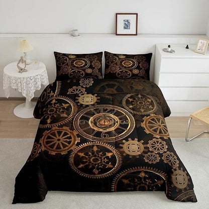 Golden Ndustrial Gear Comforter Set King Size Steampunk Style Bedding Set Clocks Theme Bedding Sets & Collections for Kids Boys Teens Men Mechanical Device Quilt Set,Retro Style Bedroom Decor