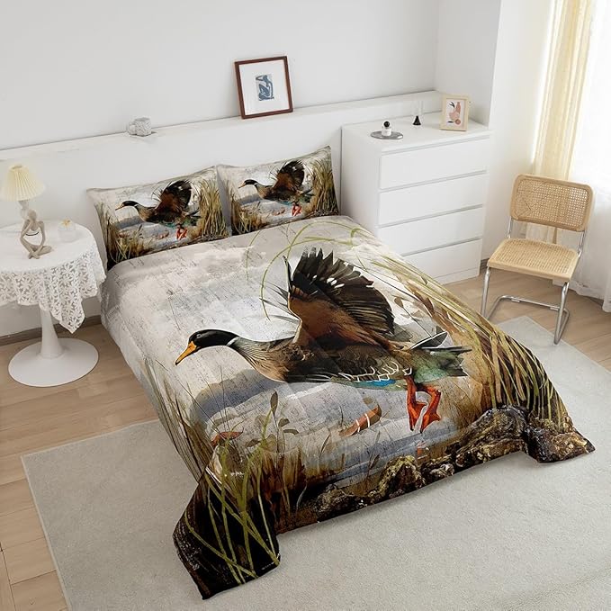 Mallard Duck Bedding Set Boys Girls Wild Duck Hunting Comforter Set for Kids Women Men Soft Lodge Cabin Farmhouse Comforter Quilt Room Decor Queen Size Duvet Set Boys