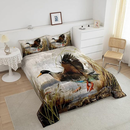 Mallard Duck Bedding Set Boys Girls Wild Duck Hunting Comforter Set for Kids Women Men Soft Lodge Cabin Farmhouse Comforter Quilt Room Decor Queen Size Duvet Set Boys