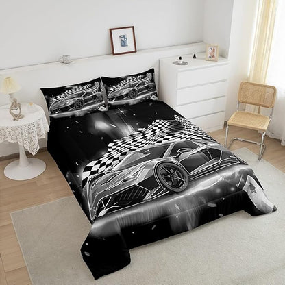 Feelyou Racing Car Comforter Set, Cool Speed Race Car Down Comforter Twin for Kids Boys Girls Teens Bedroom, Automobile Extreme Sport Bedding Set Plaid Checkered Duvet Sets with 1 Pillowcase,Grey