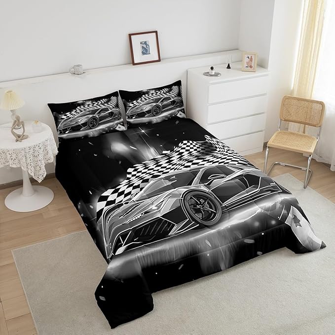 Racing Car Comforter Set, Cool Speed Race Car Down Comforter Full for Kids Boys Girls Teens Bedroom, Automobile Extreme Sport Bedding Set Plaid Checkered Duvet Sets with 2 Pillowcases,Grey