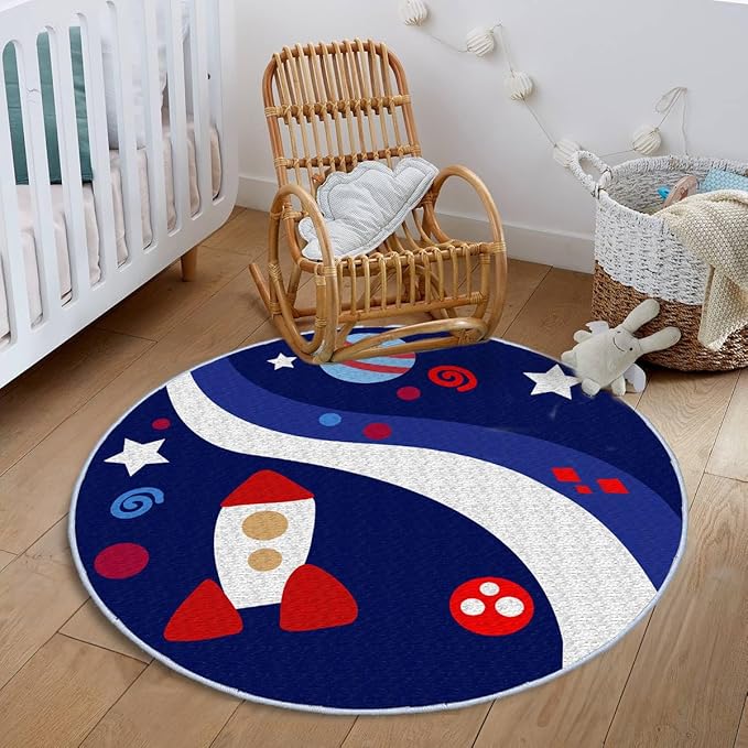 Eanpet Round Rug for Kids Room 4ft Nonslip Circle Area Rug for Boys and Girls Soft Toddlers Play Mat Circular Nursery Rug Indoor Floor Mats Carpet for Children Classroom Playroom Bedroom,Universe