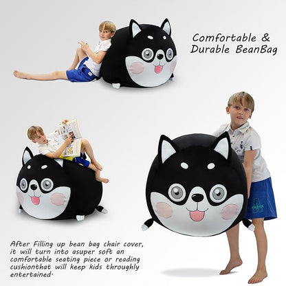 Toy Organizers and Storage for Kids Room Decorations, Childrens Bean Bag Chairs Black Cute Dog, Extra Large Size, Velvet Super Soft Cover Only
