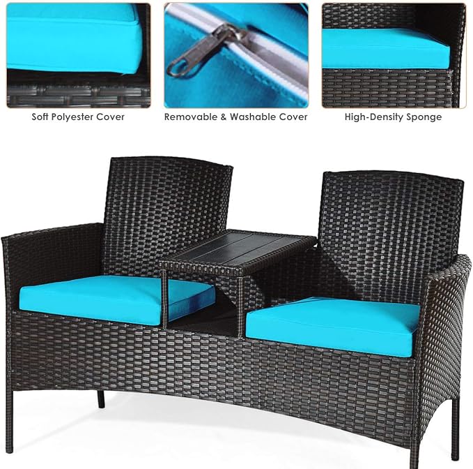 LUARANE Outdoor Rattan Sofas, Contract Patio Conversation Set Wicker Sofa Set with Built-in Coffee Table, Patio Furniture Set with Cushions, Rattan Loveseat for Lawn Backyard Garden (Brown+Blue)
