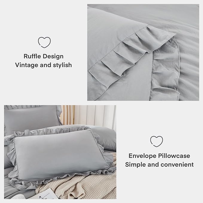 Andency Silver Gray Comforter Set California King Size, 3 Pieces Vintage Shabby Ruffle Bedding Comforter Sets for Cal King Bed, Lightweight Fluffy Soft Microfiber Farmhouse Comforter Set