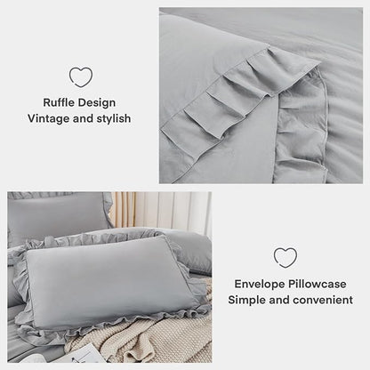Andency Silver Gray Comforter Set Queen Size, 3 Pieces Shabby Chic Ruffle Bedding Comforter Sets for Queen Bed, Lightweight Fluffy Soft Microfiber Farmhouse Comforter Set