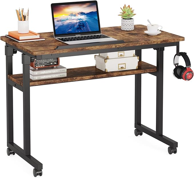 Small Portable Rolling Computer Desk Height Adjustable Standing Table, Brown
