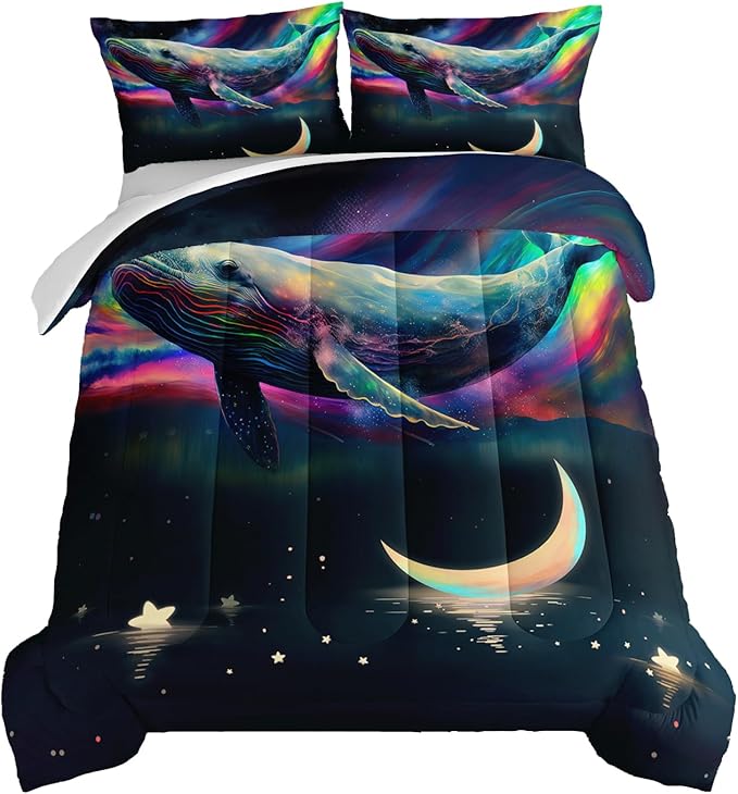 HOSIMA 3D Whale Galaxy Bedding Comforter Sets,Stars Moon Comforter Starry Room Decor Aesthetics,Ocean Theme Marine Life Whale Comforter with 2 Pillowcases Twin Bed in a Bag Sets for Adults Kids.