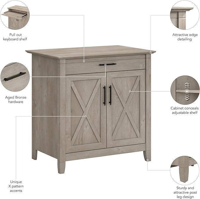Bush Business Furniture Key West Secretary Desk with Keyboard Tray and Storage Cabinet, 30W x 20D, Washed Gray