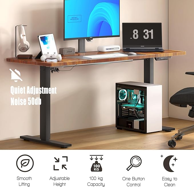 soges 63in Electric Standing Desk Ergonomic Height Adjustable Computer Desk Sit Stand Desk Home Office Desks Standing Desk, Vintage Brown
