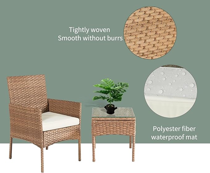 3 Pieces Patio Set Balcony Furniture Sets for Apartments.Bistro Furniture Set, Conversation Sets with Coffee Table, for Porch, Patio, Garden and Removable Cushions Beige