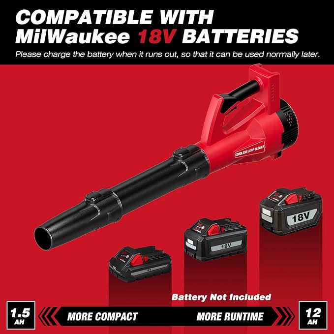 Leaf Blower Cordless for MilWaukee m18 Battery, 125-MPH 450-CFM Cordless Leaf Blower, Battery Powered Leaf Blowers for Town Care, Patio, Blowing Leaves and Snow (Battery Not Included, Only Tool)