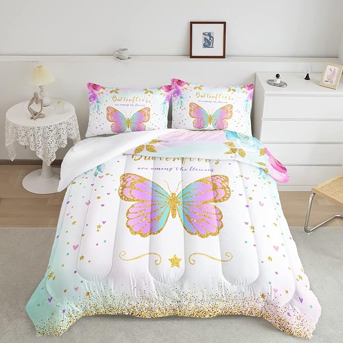 CVHOUSE Butterfly Bedding Set,Butterfly Comforter Full,Butterfly Comforter Set for Girls Kids Teens,Butterflies Quilt Set with 1 Comforter and 2 Pillow Cases- 3 Piece