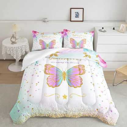CVHOUSE Butterfly Bedding Set,Butterfly Comforter Queen,Butterfly Comforter Set for Girls Kids Teens,Butterflies Quilt Set with 1 Comforter and 2 Pillow Cases- 3 Piece